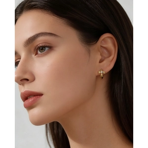 925 silver gold cross hoop earring for women with sparkling cubic zirconia stone center