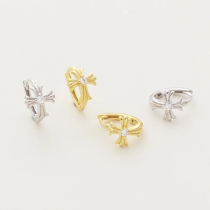 Cross hoop earrings in gold and silver finish with gothic embossed cross and zirconia