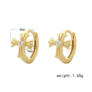 Cross hoop earrings in gold with zircon stone and shell-style carving detailing
