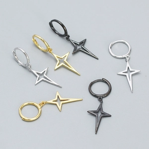 925 Sterling Silver North Star Pendant Hoop Earrings For Women Minimalist Four Pointed Star Dangle Ear Buckle Korean Fashion Jewelry