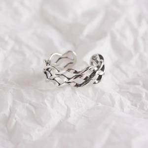 Three-layer wave woven S925 sterling silver open ring with minimalist geometric design