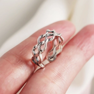 Vintage S925 sterling silver layered wave ring with adjustable open band for women