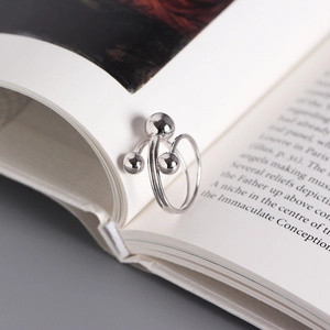 Detailed view of s925 sterling silver geometric ring with triple beads on open book