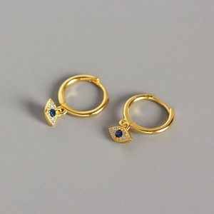 Créoles en argent S925 doré avec œil maléfique, zircon bleu et pierres étincelantes