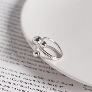 Minimalist S925 silver double-layered open ring with three polished metal beads