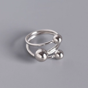 925 Sterling Silver Minimalist Geometric Open Adjustable Ring For Women Three Round Beads Electroplated Fashion Jewelry