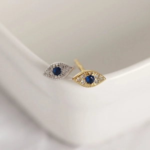 Elegant S925 sterling silver evil eye stud earrings with blue sapphire zircon and gold plating