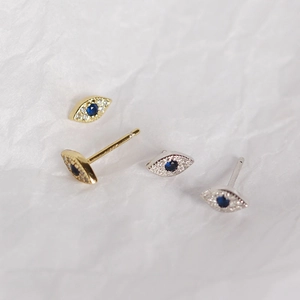Elegant S925 sterling silver evil eye stud earrings with blue gemstone and zircons