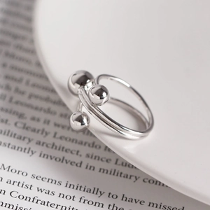Minimalist S925 sterling silver multi-layer open ring featuring three polished round beads