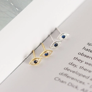 Elegant S925 sterling silver evil eye stud earrings with blue zircon in gold and silver finish