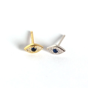 S925 sterling silver evil eye stud earrings with blue zircon and sparkling crystals