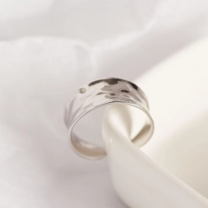 Minimalist S925 sterling silver wide ring with irregular hammered texture and wavy design