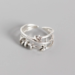 925 Sterling Silver Multi-layer Crossing Fidget Ring With Moving Beads Adjustable Open Finger Ring Vintage Jewelry For Women