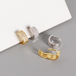 S925 sterling silver geometric hoop earrings with triple-row pavé zircon settings