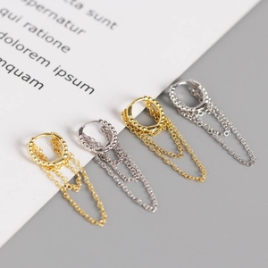Orecchini a cerchio in argento sterling S925 con perline e lunghe nappe a catena