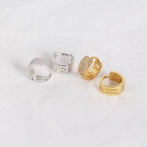 Minimalist S925 sterling silver huggie earrings with three rows of micro zircon stones