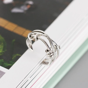 Retro S925 sterling silver multilayer cross ring with movable small beads for anxiety relief