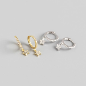 Boucles d'Oreilles Créoles Étoiles Géométriques en Argent Sterling S925 pour Femmes Bijoux de Boucle d'Oreille de Mode Incrustés de Strass