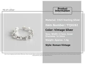 Detail view of S925 sterling silver retro open ring with 3.7mm width and size specs