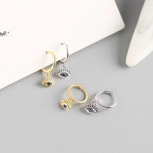 Gold and silver S925 sterling silver evil eye hoop earrings with blue zircon