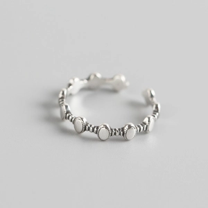 S925 Sterling Silver Retro Geometric Open Ring For Women Minimalist Adjustable Antique Chain Bead Finger Ring Korean Style INS Jewelry