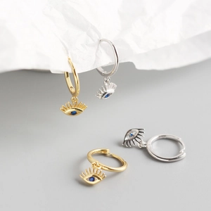 S925 sterling silver evil eye hoop earrings with blue zircon and eyelash details