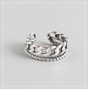 Close-up of S925 sterling silver ring with double-layered chain and rope textures