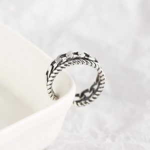 Retro S925 sterling silver double-layered twist rope and tank chain ring for women