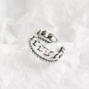 S925 sterling silver double-layer chain open ring with vintage industrial oxidized finish