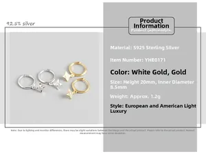 Detailed size parameters of S925 silver hoop earrings with diamond star pendants