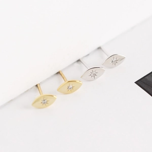 Minimalist S925 sterling silver evil eye stud earrings with sparkling starburst zircon