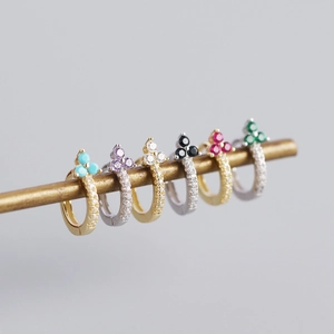 S925 sterling silver mini zircon clover hoop earrings set in multiple colorful gemstones