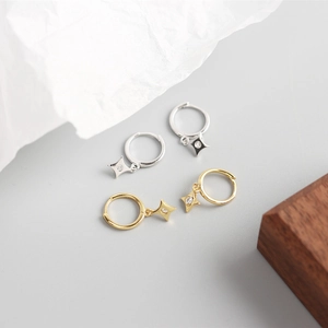 Detail of silver and gold star pendant hoop earrings with zircon on premium props