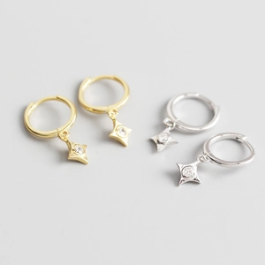 S925 Sterling Silver Four Pointed Star Huggie Hoop Earrings For Women Minimalist Rhinestone Star Pendant Dangle Earrings