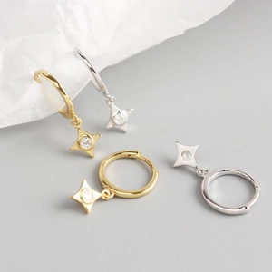 Elegant S925 sterling silver geometric star earrings with cubic zirconia in gold and silver