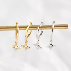 S925 sterling silver geometric diamond star drop hoop earrings in gold and silver set