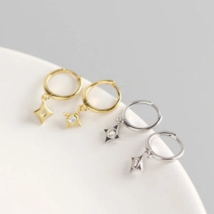 Elegant S925 sterling silver hoop earrings with diamond rhombic star pendants in gold and silver