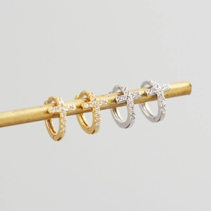 Minimalist S925 sterling silver cross hoop earrings with pave cubic zirconia accents