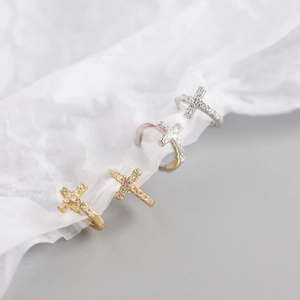 Minimalist S925 silver hoop earrings with pavé crystal cross charms in gold and silver