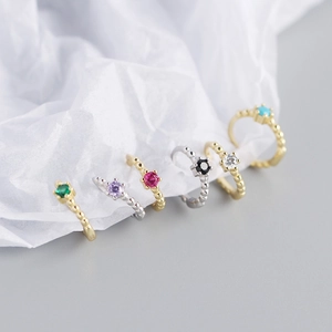 Set of six S925 silver beaded hoop earrings with colorful zircon stones in gold and silver