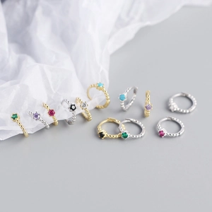 S925 sterling silver beaded hoop earrings with colorful zircon stones in gold and silver
