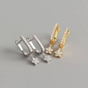 S925 Sterling Silver U-Shape Hoop Earrings Star Flower Pendant Rhinestone Inlaid Minimalist Jewelry For Women Commuting