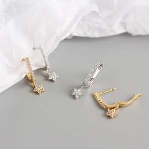 S925 sterling silver U-shaped earrings with zircon flower charms in gold and silver