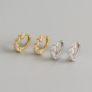 Boucles d'Oreilles Créoles en Argent Sterling 925 en Forme de Feuille pour Femmes Luxe Strass Pavé Petites Boucles d'Oreilles Or Argent Bijoux Élégants