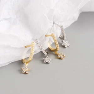 U-shaped S925 silver earrings with star pendants and sparkling pavé zircon stones