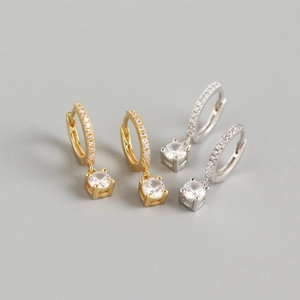 Boucles d'Oreilles Créoles Géométriques en Argent Sterling S925 Avec Pendentif Rond en Zirconia Plaqué Or Argent Bijoux Femme