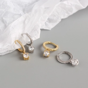 Boucles d'oreilles créoles luxe en argent S925 avec pendentifs géométriques en zircon