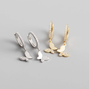 Boucles d'Oreilles Créoles Papillon en Argent Sterling 925 pour Femmes Pendentif Animal en Strass Brillant Bijoux de Mode Cadeau