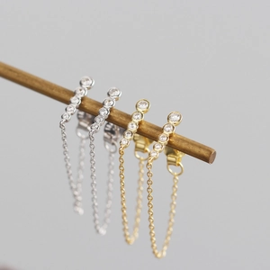 Long S925 sterling silver geometric drop earrings with crystals in gold and silver