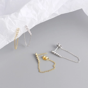 Long S925 sterling silver tassel drop earrings with geometric zircons in gold and silver